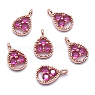 Brass Charms, with Cubic Zirconia, Cadmium Free & Nickel Free & Lead Free, Teardrop, Magenta, Real Rose Gold Plated, 13x8x3mm, Hole: 1.5mm(ZIRC-J040-34RG-02-NR)