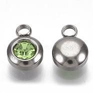 Rhinestone Charms, August Birthstone Charms, with 201 Stainless Steel, Flat Round, Stainless Steel Color, Peridot, 9x6.5x4mm, Hole: 1.8mm(STAS-S105-JN919-8)