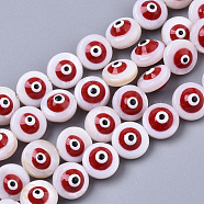 Natural Freshwater Shell Beads, Enamelled Sequins, Flat Round with Evil Eye, Red, 8x6mm, Hole: 0.8~1mm(X-SHEL-R046-05-01A)