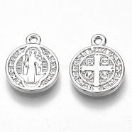 Alloy Charms, for Religion, Nickel Free, Flat Round with Saint Benedict Medal, Real Platinum Plated, 13x10.5x1.5mm, Hole: 1mm(PALLOY-N152-11P-NR)