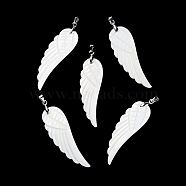 Natural Freshwater Shell Pendants, Wing Charms with Platinum Plated Brass Pinch Bails, White, 48.5~49x16x2.5mm, Hole: 4.5x4mm(BSHE-Z003-38P)