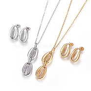 304 Stainless Steel Jewelry Sets, Pendant Necklaces and Stud Earrings, Cowrie Shell, Golden & Stainless Steel Color, 17.9 inches(45.5cm), 1.5mm, 18x12mm, Pin: 0.7mm(SJEW-F204-05)