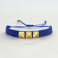 Glass Seed Braided Bead Bracelet, Flat Band Friendship Bracelet with Triple Stud for Women, Blue, 11 inch(28cm)(BJEW-A121-24B)