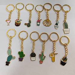 Summer Theme Alloy Enamel Pendant Keychain, with Iron Key Ring, Cactus & Drinks, Golden, 7.5~9.6cm, 13pcs/set, 1 set/box(KEYC-FH0001-36)