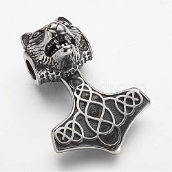 304 Stainless Steel Pendants, Thor's Hammer with Tiger, Antique Silver, 43x30x19.5mm, Hole: 6mm(STAS-F063-54)