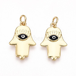 Brass Enamel Pendants, with Jump Ring, Hamsa Hand with Evil Eye Charms, Real 18K Gold Plated, 19x12.8x2mm, Hole: 3mm(KK-T070-76G)