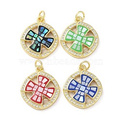 Brass Micro Pave Clear Cubic Zirconia Pendants, with Enamel, Shell and Jump Ring, Real 18K Gold Plated, Flat Round with Cross, Mixed Color, 21x17.5x2.8mm, Hole: 3.6mm(KK-C045-20G)
