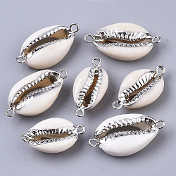 Electroplate Cowrie Shell Links connectors, with Iron Findings, Platinum, 21~27x10~14x6mm, Hole: 1.5mm(SHEL-S266-03-P)