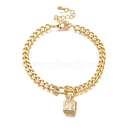 Square Brass Micro Pave Clear Cubic Zirconia Charm Bracelets, Card Paper Chain Bracelets For Women, Real 18K Gold Plated, 7 inch(17.7cm)(BJEW-L696-013G)