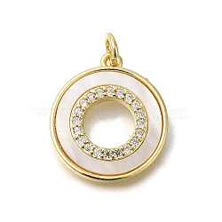 Brass Micro Pave Cubic Zirconia Pendants, with Shell, Flat Round Charms, with Jump Ring, Real 16K Gold Plated, 19x16.5x2.5mm(KK-R002-11A)