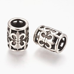 304 Stainless Steel Beads, Large Hole Beads, Column with Fleur De Lis, Antique Silver, 12x9mm, Hole: 6mm(STAS-E432-06AS)