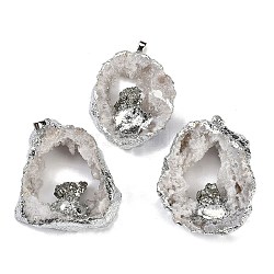 Natural Pyrite & Druzy Agate Hollow Geode Pendants, Flat Round Charms with Stainless Steel Findings, Stainless Steel Color, 45~54.5x36~48x13~21.5mm, Hole: 2x4.5mm(G-G162-03P-01)