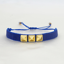 Glass Seed Braided Bead Bracelet, Flat Band Friendship Bracelet with Triple Stud for Women, Blue, 11 inch(28cm)(BJEW-A121-24B)