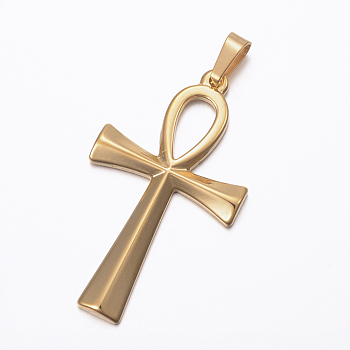 Ion Plating(IP) 304 Stainless Steel Pendants, Ankh Cross, Golden, 44.5x25.5x3mm, Hole: 8x4mm