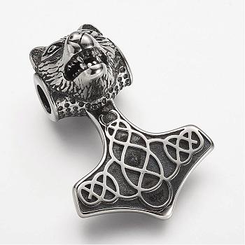 304 Stainless Steel Pendants, Thor's Hammer with Tiger, Antique Silver, 43x30x19.5mm, Hole: 6mm