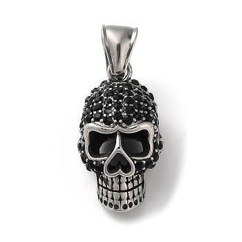 304 Stainless Steel Pendants, with Rhinestone, Antique Silver, Skull Charm, Jet, 27.5x13.5x16.5mm, Hole: 9x4mm