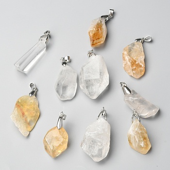 Rough Raw Natural Crystal Quartz & Citrine Pendants, with Platinum Tone Brass Snap on Bails, Nuggets, 27.5~39.5x14~25x10~18.5mm, Hole: 6.5x4mm
