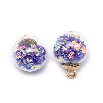Transparent Glass Globe Pendants, with Glitter Sequins inside and CCB Pendant Bails, Round, Indigo, 20.5x16mm, Hole: 2.5mm