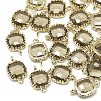 Glass Links Connectors, with Golden Tone Brass Findings, Faceted, Square, Dark Khaki, 15x9x3mm, Hole: 0.5mm