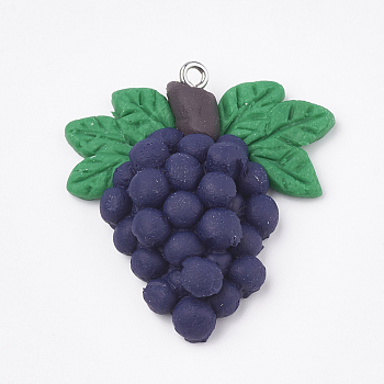 Autumn Theme Handmade Polymer Clay Pendants, with Iron Findings, Grape, Platinum, Indigo, 36.5x34x9.5mm, Hole: 2mm