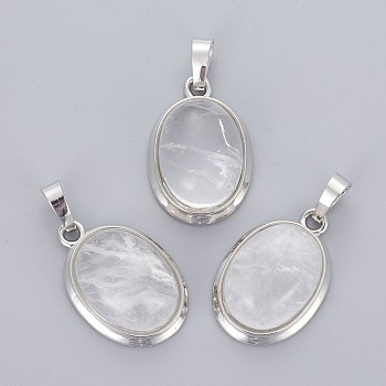 Natural Quartz Crystal Pendants, Rock Crystal Pendants, with Brass Findings, Oval, Platinum, 25~26x17~17.5x8~9mm, Hole: 8x5mm