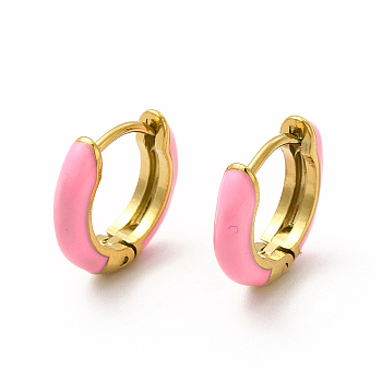 Enamel Hoop Earrings, Real 18K Gold Plated 316 Surgical Stainless Steel Jewelry for Women, Hot Pink, 13x14x3mm, Pin: 1mm