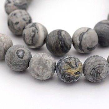 Frosted Natural Map Stone/Picasso Stone/Picasso Jasper Round Bead Strands, 6mm, Hole: 1mm, about 31pcs/strand, 7.5 inch