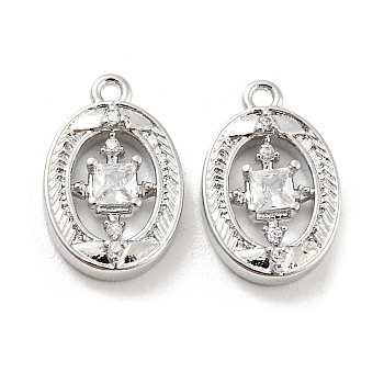 Brass Micro Pave Cubic Zirconia Charm, with Glass, Oval, Real Platinum Plated, 13.3x8.5x2.8mm, Hole: 1mm