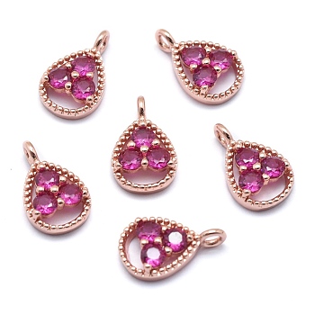 Brass Charms, with Cubic Zirconia, Cadmium Free & Nickel Free & Lead Free, Teardrop, Magenta, Real Rose Gold Plated, 13x8x3mm, Hole: 1.5mm