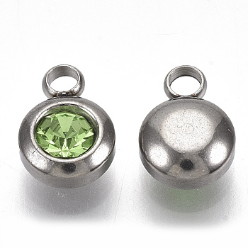 Rhinestone Charms, August Birthstone Charms, with 201 Stainless Steel, Flat Round, Stainless Steel Color, Peridot, 9x6.5x4mm, Hole: 1.8mm