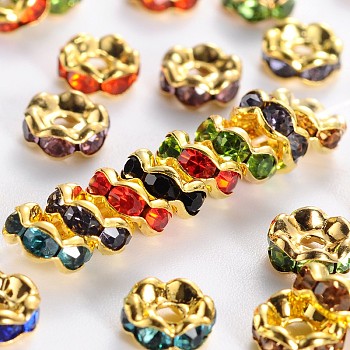 Brass Rhinestone Spacer Beads, Grade A  Mix, Rondelle, Golden and Nickel Free, Assorted Colors, Size: about 6mm in diameter, 3mm thick, hole: 1mm