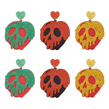 ANATTASOUL 3 Pairs 3 Colors Halloween Pumpkin with Skull Acrylic Dangle Stud Earrings, Platinum Iron Long Drop Earrings for Women, Mixed Color, 66.5mm, Pin: 0.6mm, 1 Pair/color