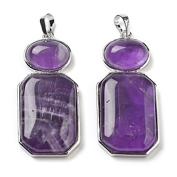 Natural Amethyst Human Body Shaped Pendants, Rack Plating Brass Oval & Rectangle Charms, Platinum, 50x22.5x8mm, Hole: 8x5mm