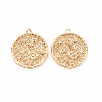 Brass Micro Pave Clear Cubic Zirconia Pendants, Nickel Free, Flat Round with Daisy, Real 18K Gold Plated, 20x17.5x2.5mm, Hole: 1mm