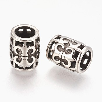 304 Stainless Steel Beads, Large Hole Beads, Column with Fleur De Lis, Antique Silver, 12x9mm, Hole: 6mm