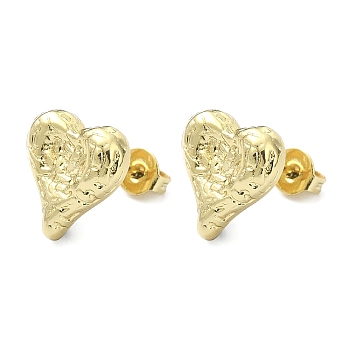 Brass Heart Stud Earrings for Valentine's Day, Lead Free & Cadmium Free, Real 18K Gold Plated, 12x11mm