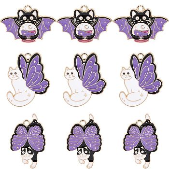 24Pcs 3 Style Alloy Enamel Pendants, Light Gold, Bat/Cat with Butterfly Wings, Mixed Color, 20~30.5x19.5~29x1mm, Hole: 1.8mm, 8pcs/style