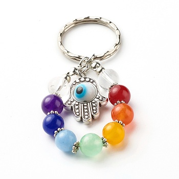Tibetan Style Alloy Frame Keychain, with Handmade Evil Eye Lampwork Bead and Natural Mixed Stone, Iron Findings and Tiger Tail Wire, Hamsa Hand & Round & Evil Eye, White, 7.7cm