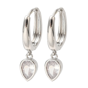 Cubic Zirconia Teardrop Dangle Hoop Earrings, Rack Plating Brass Earrings for Women, Lead Free & Cadmium Free, Platinum, 25.5x6mm
