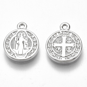 Alloy Charms, for Religion, Nickel Free, Flat Round with Saint Benedict Medal, Real Platinum Plated, 13x10.5x1.5mm, Hole: 1mm