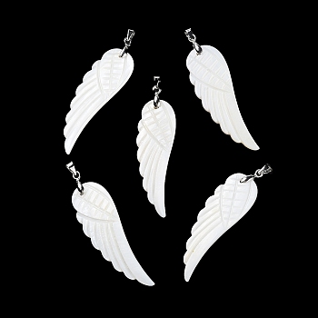 Natural Freshwater Shell Pendants, Wing Charms with Platinum Plated Brass Pinch Bails, White, 48.5~49x16x2.5mm, Hole: 4.5x4mm