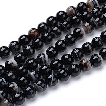 Natural Striped Agate/Banded Agate Bead Strands, Dyed, Round, Black, 10mm, Hole: 1mm, about 40pcs/strand, 15.7 inch