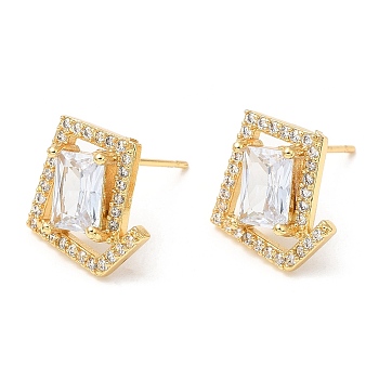 Rack Plating Brass Twist Rhombus Stud Earrings with Cubic Zirconia, Lead Free & Cadmium Free, Real 18K Gold Plated, 15x12.5mm