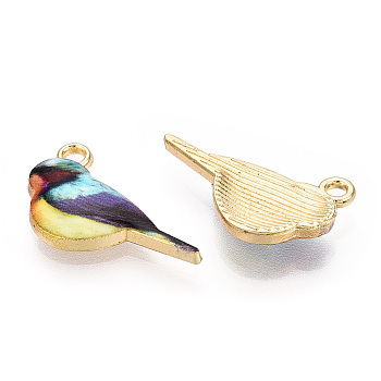 Printed Alloy Pendants, Light Gold, Bird Charms, Colorful, 13.5x21x3.5mm, Hole: 1.8mm