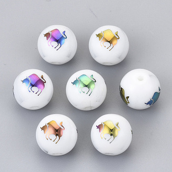 Electroplate Glass Beads, Round with Constellations Pattern, Multi-color Plated, Taurus, 10mm, Hole: 1.2mm