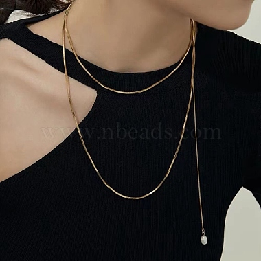 304 Stainless Steel Round Snake Chain Necklace with Acrylic Pearl Tassel Charm for Women(NJEW-P271-07G)-4