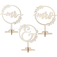 Wood Table Top Display Decorations, Mr & Mrs Signs, for Wedding Decoration, BurlyWood, 7.5~8.2x5.5~6.5x0.5cm, 3 style, 1pc/style, 3pcs/set(ODIS-WH0046-02)