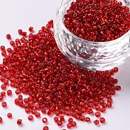 12/0 Glass Seed Beads, Silver Lined Round Hole, Round, Red, 12/0, 2mm, Hole: 1mm, about 3333pcs/50g, 50g/bag, 18bags/2pounds(SEED-US0003-2mm-25)