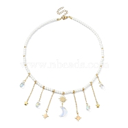 Brass  Moon & Star Charms Bib Necklace with Glass Beaded Chains, Golden, 15.47 inch(39.3cm)(NJEW-TA00101)