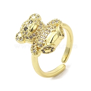 Rack Plating Brass Micro Pave Cubic Zirconia Finger Ring, Cuff Ring, Long-Lasting Plated, Cadmium Free & Lead Free, Bear, Clear, Inner Diameter: 17mm(RJEW-C072-32B-01G)
